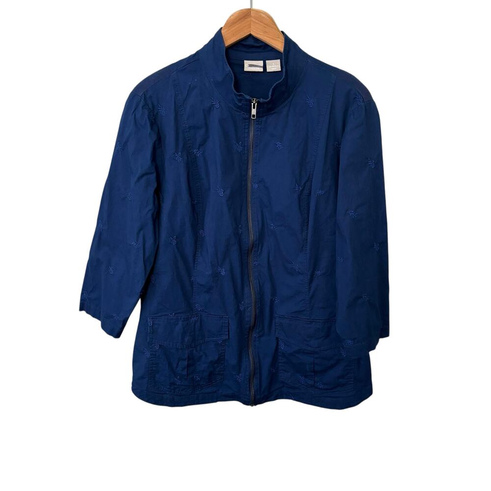 Chicos Women’s Cardigan Sweater Jacket 3/4 Sleeve Zip Blue Embroidered Size 16